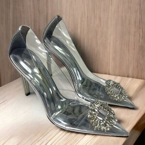Good American Silver Heels with Embellished Buckle
